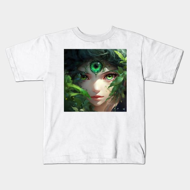 Closeup of fantasy green eyes girl Kids T-Shirt by Spaceboyishere